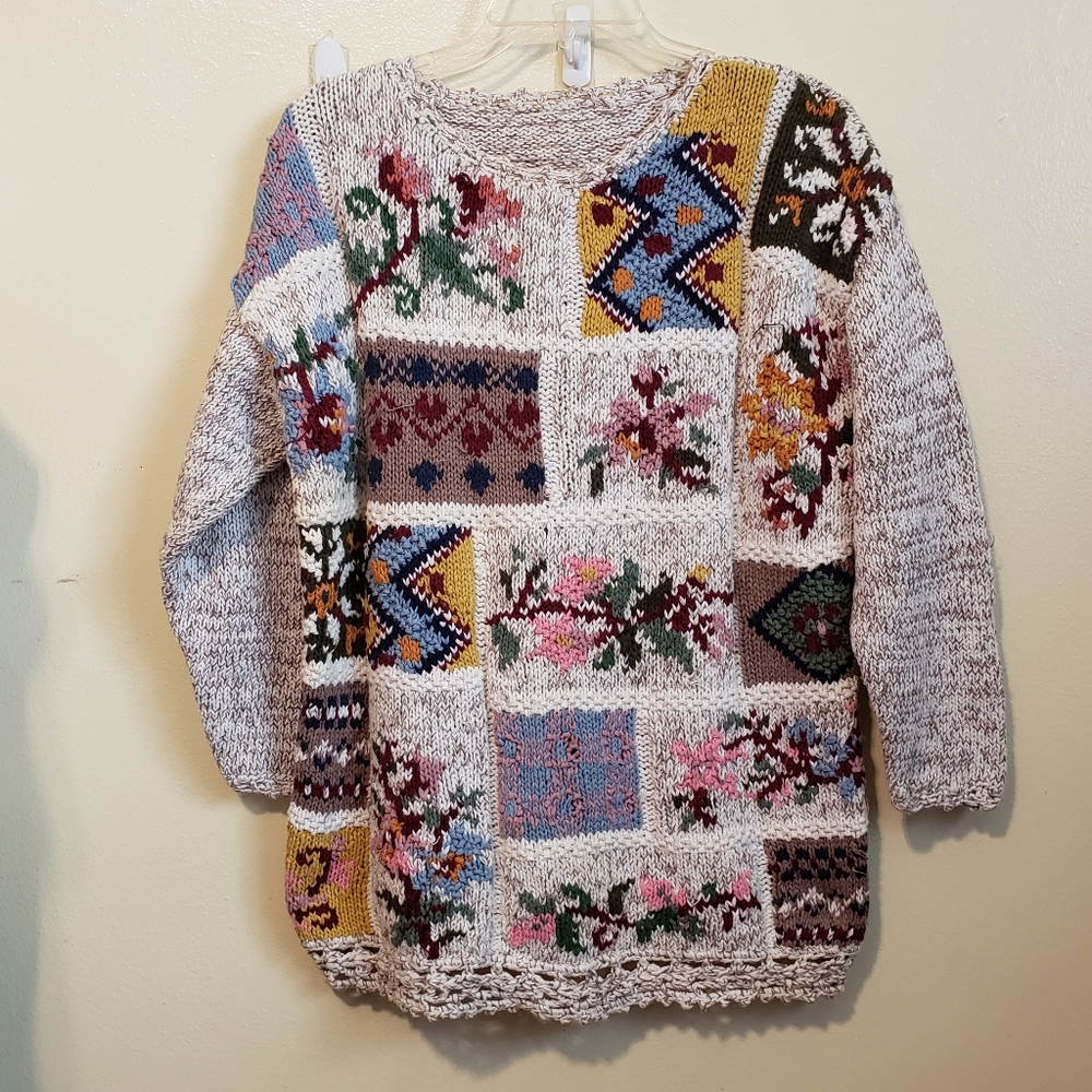 Handmade granny square boho cottagecore praire cotton sweater size Small